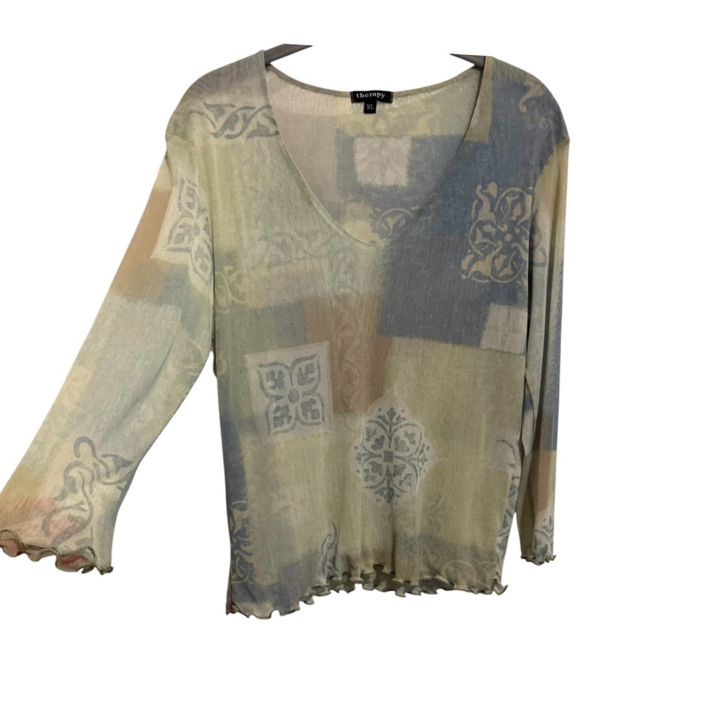 Y2K Mesh Top Women's Size XL Green Blue Patchwork Top Fairy 90's Whimsigoth - Picture 8 of 12